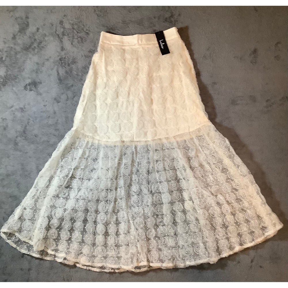 Lulus Cream Rosette Mesh Maxi Skirt NWT XS Ivory Floral Sheer Tiered Romantic